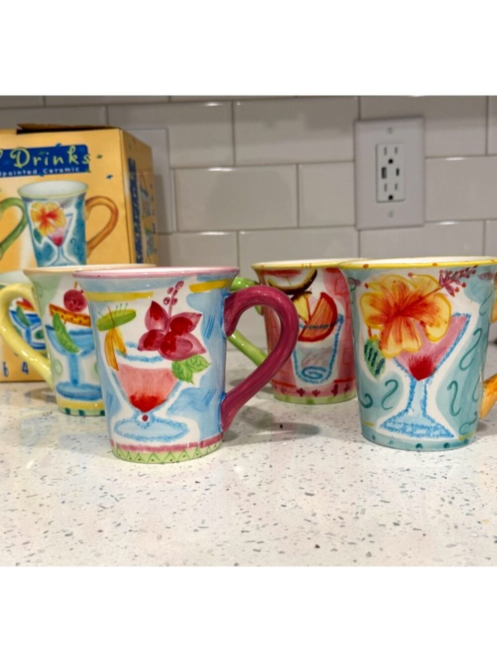 Certified International Tropical Print Hand Painted 12-ounce Mugs Set of 4 NWB